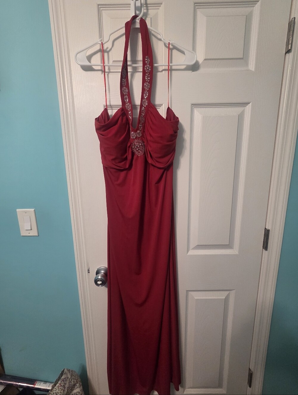 Embellished Halter Red Evening Gown